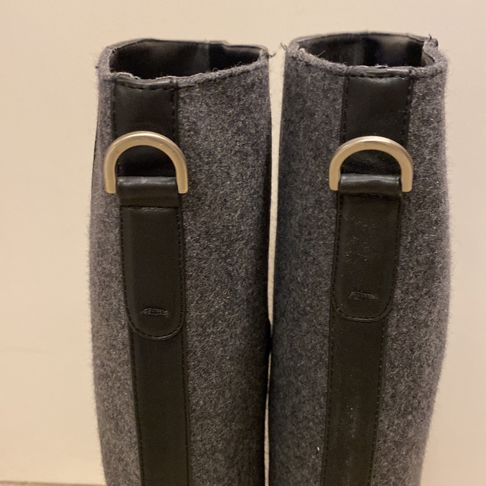 Knee High, Low Heeled 2 Tone Black Leather and Grey Wool Boot.
